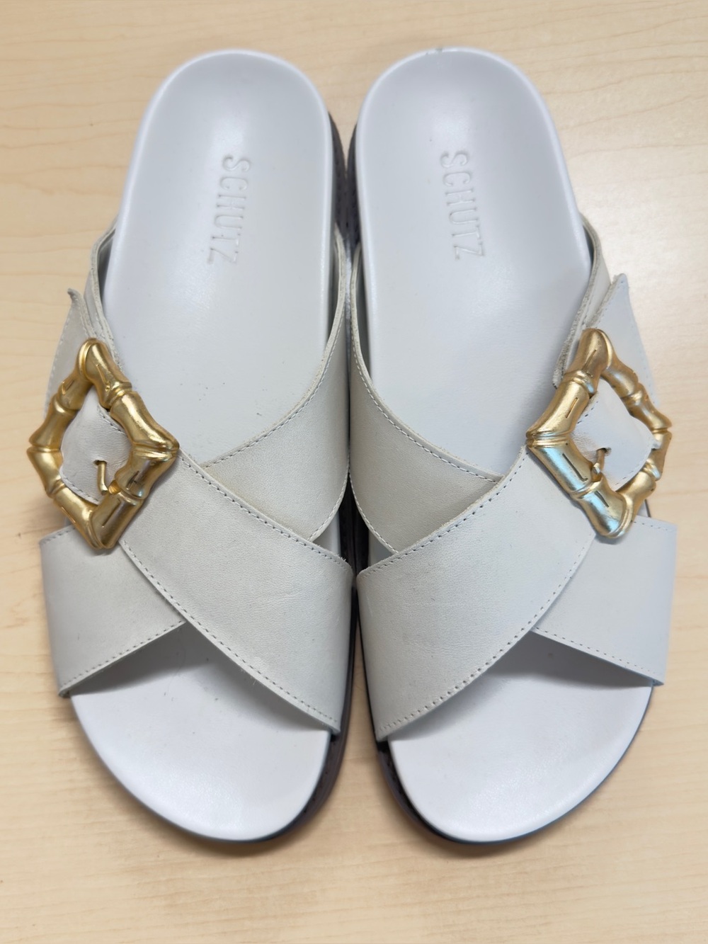 SCHUTZ Enola Leather Crossband Gold Buckle Slide Sandals Pearl White 8.5
